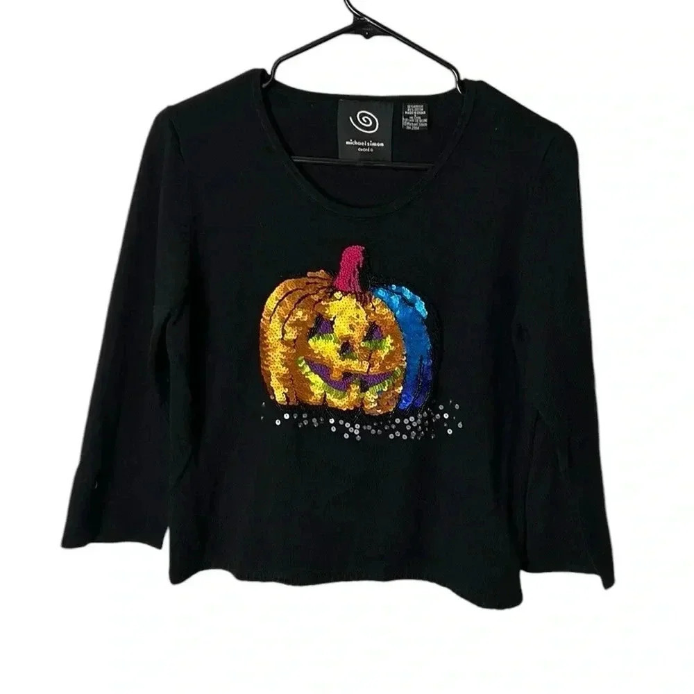 Michael Simon sweater Halloween Jack o Lantern pumpkin sequins,EC embroidered